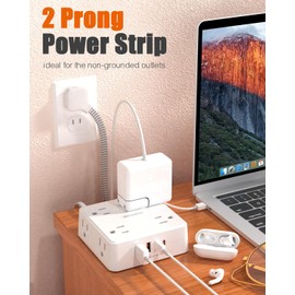 2 Prong Power Strip,WRXDMC 2 Prong to 3 Prong Outlet Adapter,1400J Two Prong Surge Protector,5ft Braided Extension Cord with Thin Flat Polarized Plug,8 AC&4 USB(2 Type-C),Wall Mountable for Old House