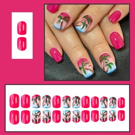 24 Pcs Extra Short Press On Nails Square,YEFIUO Summer Fake Nails Press ons Nail Art Tip Acrylic Nail Kit Glue on Nails Full Cover False Nail with Red Blue Coconut Tree Glossy Design for Ma'am