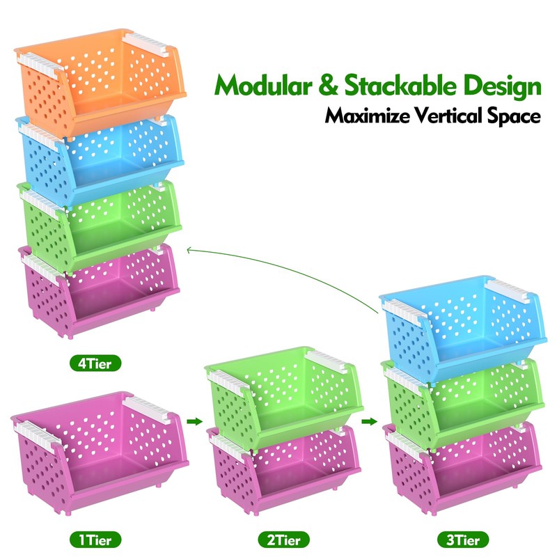 Uumitty 4 Tier Extra Large Stackable Baskets, Plastic Stackable Storage