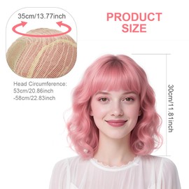 Short Curly Pink Bob Wig with Bangs, Wavy Hair Synthetic Wave Wig