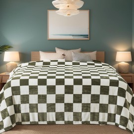 Checkered Queen Size Blanket,Premium Lightweight Anti-Static 90x90 Inches Sage Green Throw Blankets for Queen Full Bed,Couch, Sofa, Chair, Camping, Picnic,Sage Green