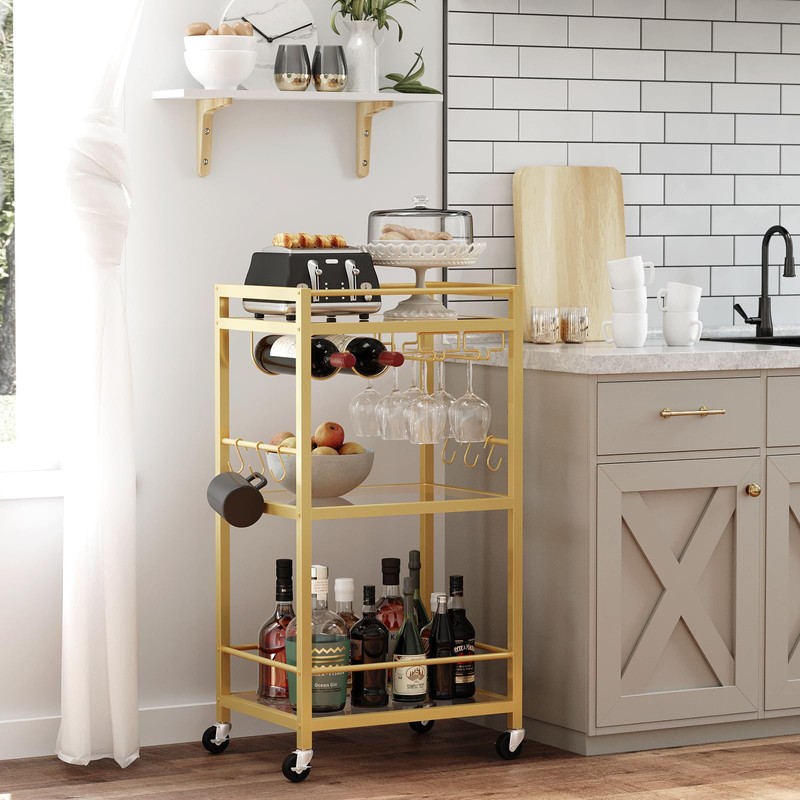 TUTOTAK Bar Cart, Home Bar Serving Cart with 3-Tier Mirrored