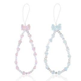 Reownest 2 Pack Phone Lanyard Charm Set - Cute Sparkling Crystal Bowknot Love Beaded Chain, Aesthetic Wrist Strap for Women Girls, Multi-Purpose Cellphone Bag Key Accessory - Blue,Pink