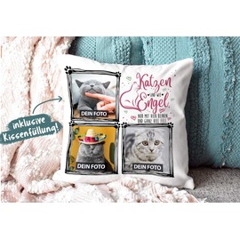 PR Print Royal Cushion with Filling with Saying "Katzen sind wie Engel - zum selbst Gestalten mit DREI Wunschfotos for the Cat Lover, Polyester Cushion - White Fluffy, 40 x 40 cm