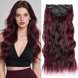 Clip in Hair Extensions 4Pcs Long Wavy Hair Dark Red Synthetic Clip in Extensions 22 Inch for Women #Dark Brown Mix Burg