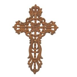 Sungmor Cast Iron Cross Wall Decor, Pretty & Ornate Metal Cross Wall Art, Vintage Decorative Outdoor Hanging Cross, Rustic Brown Religious Wall Sculpture Farmhouse Home Decor