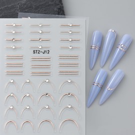 JFIYUOMCI 5D Embossed French Tip Nail Stickers with Rhinestones Crystal, French Manicure Strips - (Straight, Smile Line), Self-Adhesive Rose Gold Nail Art Stickers Decals for Women Girls - 3 Sheets