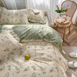 MKXI Botanical Floral Duvet Cover Queen Beige Girls Ruffled Bedding Set Cottagecore Flower Comforter Cover Green Reversible Aesthetic Bed Set Cotton Elegant Style Students Duvet Cover