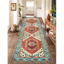 SERISSA Boho Washable Runner Rug, 2'6"x10' Rug Runner Non-Slip Vintage Orange Hallway Kitchen Runner Rug Ultra Soft Print Distressed Tribal Floor Carpet Runner for Bedroom Bathroom Laundry Room