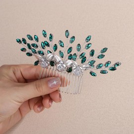 Teyglen Green Rhinestone Headpiece Vintage Flower Wedding Hair Comb Crystal Bridal Side Comb Flower Leaf Hair Piece Hair Accessories Jewelry for Women (Green)