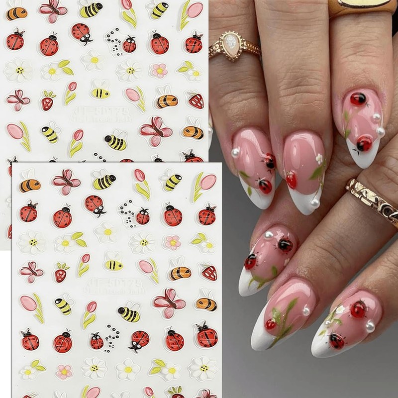 5D Embossed Bee Nail Stickers Cute Daisy Floral Lady Bug