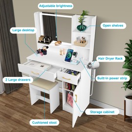 QUALIKRAFT Vanity Set - White Vanity Desk with Mirror, Lights, Drawers, Charging Station, Chair & Storage