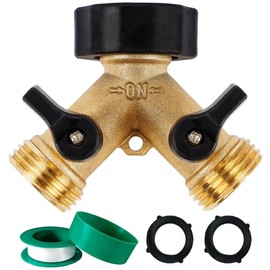 Biswing Garden Hose Splitter 2 Way, Heavy Duty Brass Connector Tap Splitter, Y Splitter 2 Valves with 2 Extra Rubber Washers