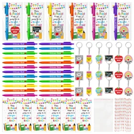 ANGOLIO Back to School Gifts for Students - 230Pcs Welcome First Day of School Student Teacher Gifts Bulk with Ballpoint Pens Bookmarks Keychains, Classroom Reward Birthday Party Favor for Boys Girls