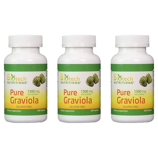 Biotech Nutritions - Graviola 100% Pure Graviola 1300mg Per Servings - 120 Capsules Per Bottle (Annona muricata) | 3-Pack