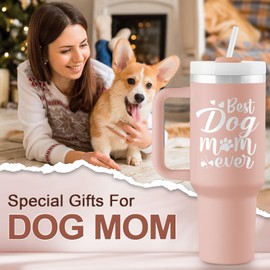 ROSTANTEN Dog Mom Gifts for Women - Dog Lovers Gifts for Women - Gifts for Dog Lovers Women - Dog Gifts for Women- Gifts for Dog Owners - Dog Mom Tumbler - 40 oz Engraved Tumbler with Handle & Straw