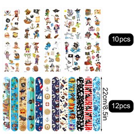 TZQFROCE Pack of 22 Pirate Party Bags 22 Pieces Pirate Decoration Children's Birthday Pirate Snap Bracelet Sticker Set Pirate Slap Bracelets Pirate Birthday Decoration for Children's Birthday Gifts