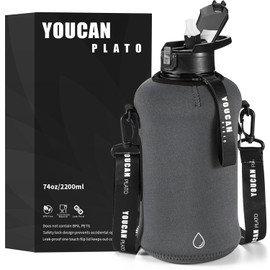 2.2L Half Gallon Water Bottles with Straw and Storage Sleeve -BPA Free Water Jug-Large Water Bottle-Big Water Bottle-Insulated Gym Water Bottle-Sports Water Bottles with Handle,2.2 Liter,Grey