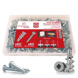 CrimsonMark 120Pcs Zinc Self Drilling Drywall Anchors and Screws kit #8 x 1-1/4”- Metal Wall Anchors for Drywall Heavy Duty, Holds Upto 50lbs – No Drill Hole Required with Dry Wall Screws and Anchors