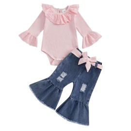 MAINESAKA Infant Baby Girl Denim Bell Bottom Outfit Long Sleeve Lace Ribbed Romper Flare Jeans With Bow Set Cute Boho Clothes (A-Pink, 9-12 Months)