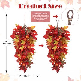 Briful 24in Fall Teardrop Swag with Maple Leaves Pomegranate Berries Artificial Autumn Hanging Wreath for Front Door Fireplace Staircase Indoor Outdoor Thanksgiving Decor