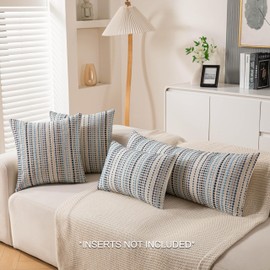 KOOLIFE Boho Couch Throw Pillow Covers 18x18 Inch Set of 2 Blue Woven Striped Decorative Pillow Covers Cotton Accent Pillowcase Farmhouse Cushion Covers for Home Decor Sofa Living Room Bedroom