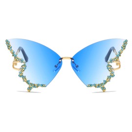 YAMEIZE Butterfly Sunglasses Rimless Vintage Glasses Funny Diamond Rhinestone Disco Glasses for Men Women Tinted Rave Glasses Festival Sunglasses, Gradient blue