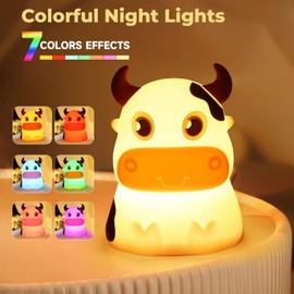 AVEKI Night Light for Kids, Portable Tap Control Nightlight Lamp, 7 Colors Mode, Silicone Cute Animal Cow LED Nursery Night Lamp Bedroom Decor for Baby Infant or Toddler (Cows-Battery Powered)