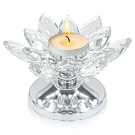 Crystal Lotus Flower Tea Light Holder, Glass Lotus Tealight Candlestick with Gold Metal Base, Votive Candle Stand for Table Centerpiece, Wedding/Parties Decor, Nice Gift (1, Silver)