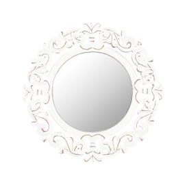 Lightnpro Hand Carved Round Farmhouse Wall Mirror - 16" Rustic Antique White Wooden Frame - Decorative Bathroom Restroom & Entryway Accent Mirror