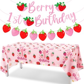 Tegeme Berry First Birthday Decor Strawberry 1st Birthday Decorations for Girls with Berry First Banner Tablecloth Strawberry Garland for Party Supplies