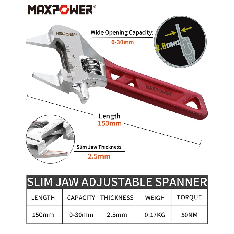 MAXPOWER Adjustable Spanner 150mm/6-Inch, Slim Jaw Adjustable Wrench with MAX.