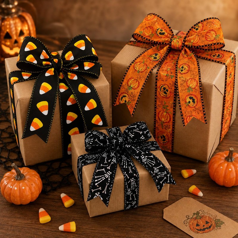 3 Rolls Halloween Printed Wired Ribbon for Gift Wrap Decor