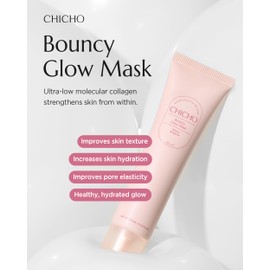CHICHO Bouncy Glow Mask 300Da Ultramolecular Hibiscus Collagen - Korean Face Peel Off Mask Skin Elasticity Radiant Glow Hydrating Sensitive Skin - Vegan, Hypoallergenic, 2.03 fl.oz.