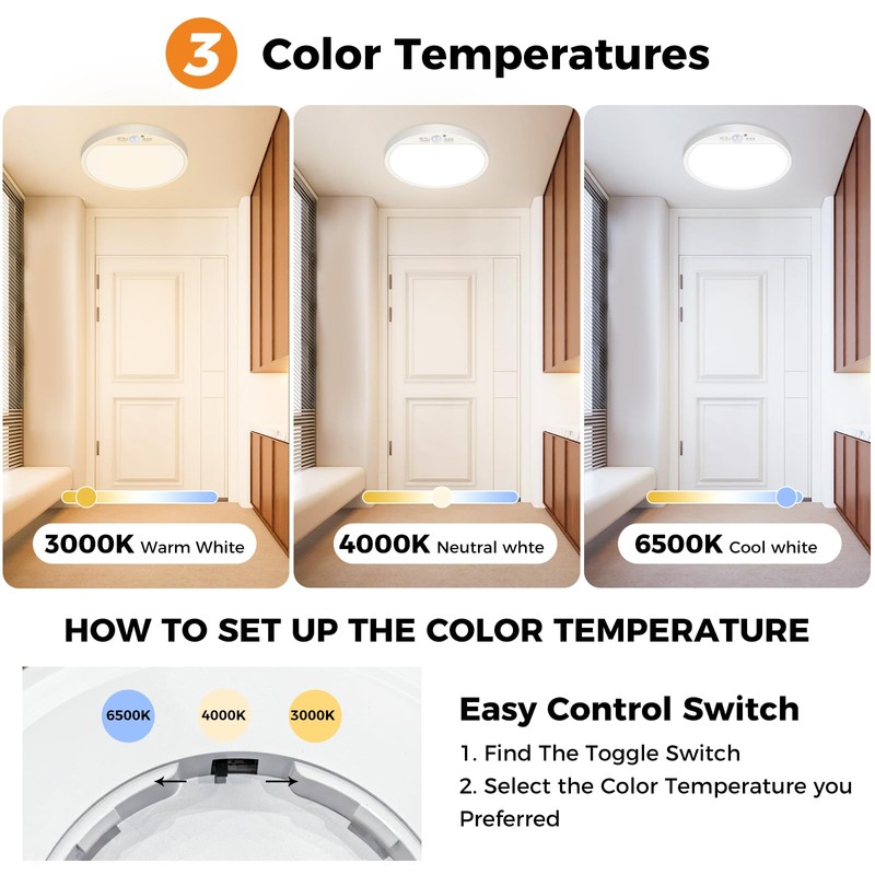 Slochi Motion Sensor Ceiling Light Wired, 3000K/4000K/6500K SelectableLED Flush Mount
