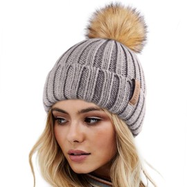 FURTALK Winter hat, warm knitted hat, women's hat with faux fur bobble - Grau01