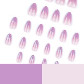 QQPPOLIU Purple Press on Nails Almond Medium Fake Nails with Design Glitter Stick on Nails Ombre False Nails Gradient Acrylic Nails for Women and Girls 24pcs