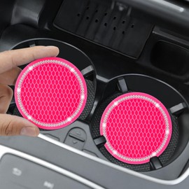 COCASES Car Coasters, 4 Pack Universal Vehicle Bling Car Coaster, Rhinestone Coaster for Cup Holders, Car Interior Accessories 2.75'' Silicone Car Coasters for Women(Hot Pink, White Crystal Circle)