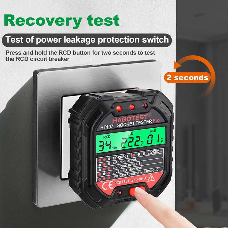 VOBOR Steckdosentester mit RCD-Prüfung und LCD-Voltage-Display, 6 Arten von Fehlerdiagnose,