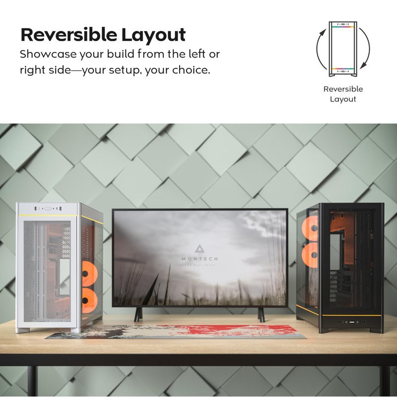 MONTECH HS01, ATX Mid-Tower PC Case, Gaming PC, High-Airflow, Reversible