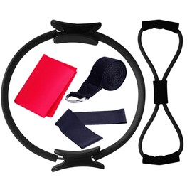 GVRGO 5Pcs Professional Pilates Equipment Set - 15'' Pilates Ring, 8-Shaped Resistance Bands, Yoga Strap, Pulling Rope & Latex Elastic Bands, Full Body Workout Kit for Women/Men Home Gym - Black