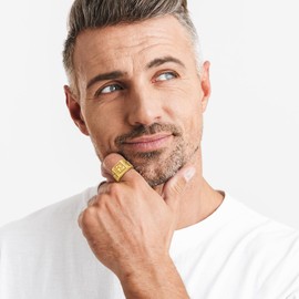 JewelryWe Men's Gold Signet Ring: 4Pcs Gold Plated Kanji Rings Rich Luck Wealth Adjustable Open Thumb Finger Rings Set for Fathers Day Birthday Wedding Anniversary