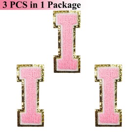 Zogify Iron on Letter Patches Gold Glitters & Pink Chenill,3 PCS Varsity Initial Patches,Adhesive Sticker Letter Patch for Team Costume Decoration 3.1in Height I