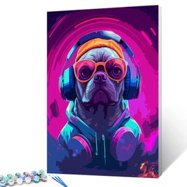 Graffitic Animal Paint by Numbers Kits with Brushes and Acrylic Pigment on Canvas ,Wearing Headphone Dog Painting for Adults, Cute Wildlife Picture for Home Wall Decor Gifts 16''x20'' (DIY Framed)