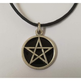 Eurofusioni Pentacle Wicca Star Pendant Black Silver Plated with Necklace - Protective Amulet - Symbol of Five Elements - Handmade Jewellery - Diameter 2.5 cm, Enamel, enamel