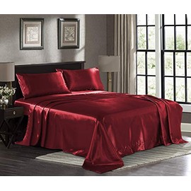 STAR DECOR Satin Sheets Queen [4-Piece, Burgundy] Hotel Luxury Silky Bed Sheets -Extra Soft 1200 TC 8-10 Inch Deep Pocket,Wrinkle, Fade, Stain Resistant -Fitted Sheet, Flat Sheet, Pillow Cases.
