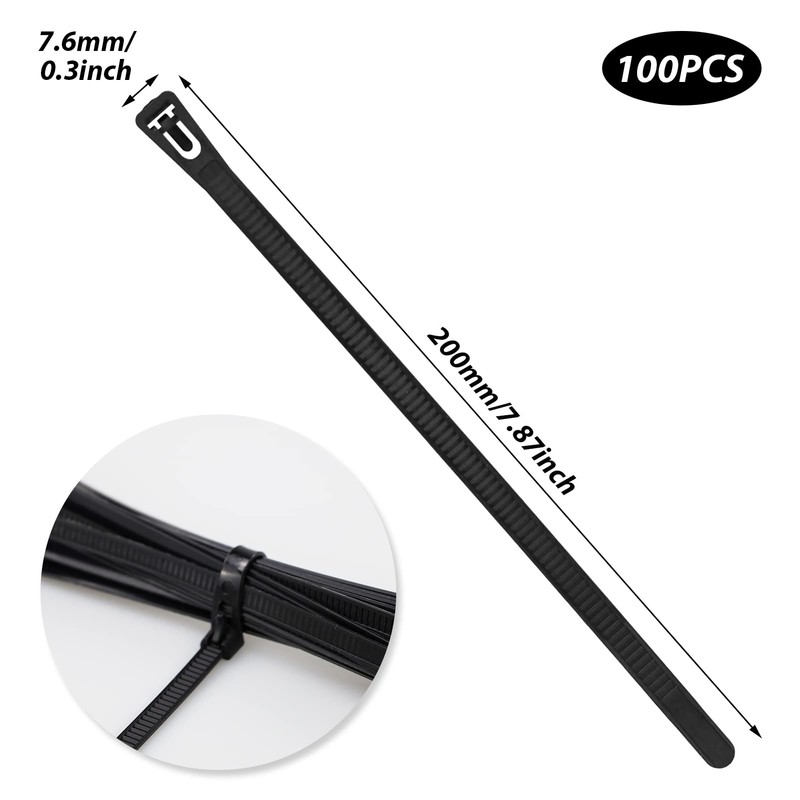 100 Pack Reusable Cable Ties Black 200mm×7.6mm Heavy Duty Strong