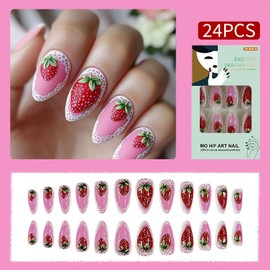 Cute 3D Strawberry Press on Nails Medium Glossy French Acrylic Press On Nails Summer Full Cover Stick On Nails Almond Reusable False Nails For Women Girls 24pcs