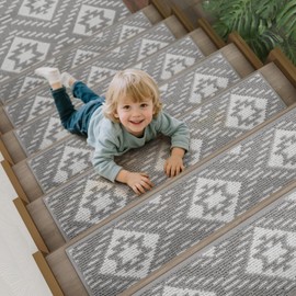 YDKGL Non-Slip Carpet Stair Treads for Wooden Steps Indoor 7 Pack, 8"x30" Gray Peel & Stick Adhesive Stair Mats with TPE Backing, Pet-Safe Anti-Slip Treads for Dogs/Seniors to Prevent Falls