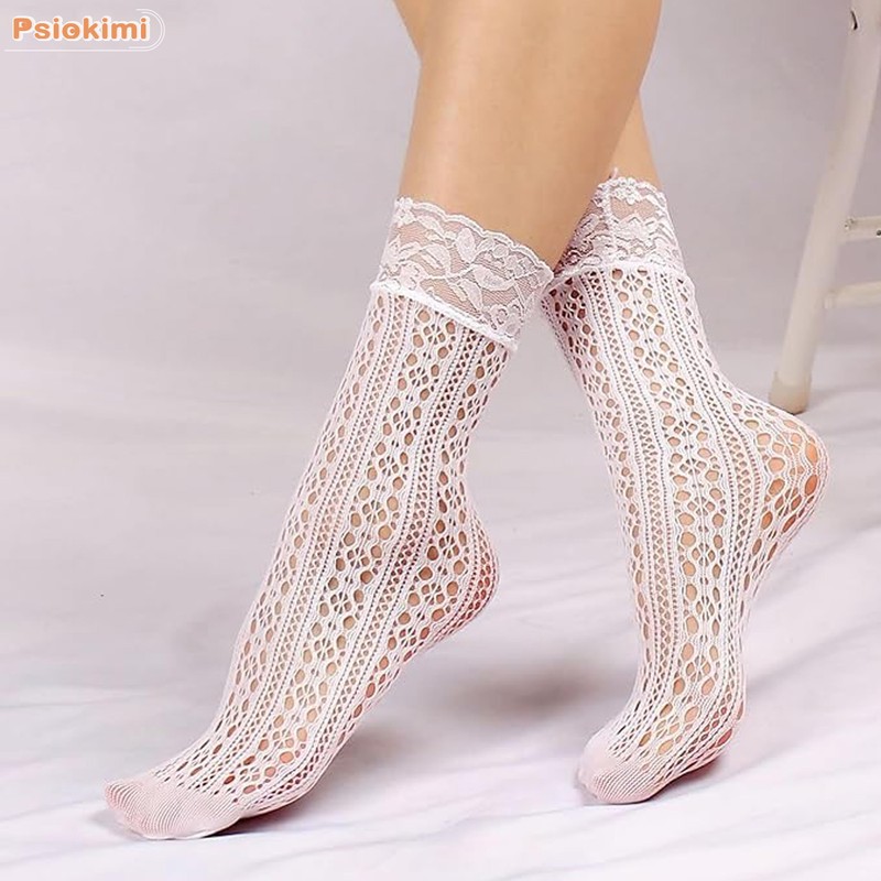 Psiokimi 6 Pairs Lace Ankle Socks, Black and White Fishnet